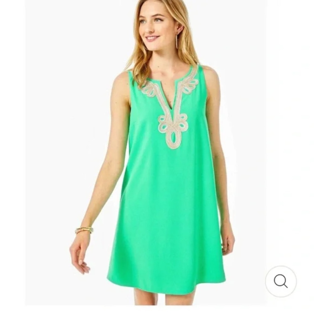LILLY PULITZER CHERLYN SOFT
SHIFT DRESS with Gold Embroidery Size 12.